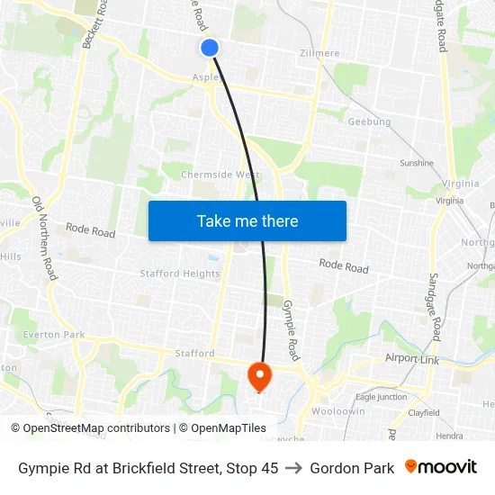 Gympie Rd at Brickfield Street, Stop 45 to Gordon Park map
