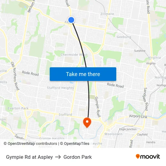 Gympie Rd at Aspley to Gordon Park map