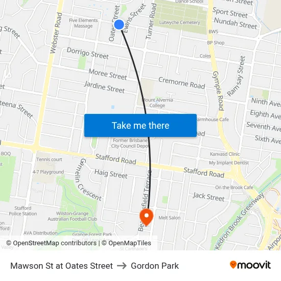 Mawson St at Oates Street to Gordon Park map