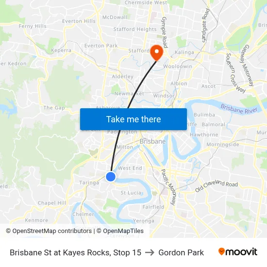 Brisbane St at Kayes Rocks, Stop 15 to Gordon Park map