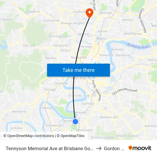 Tennyson Memorial Ave at Brisbane Golf, Stop 36 to Gordon Park map