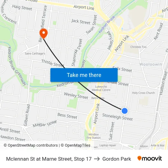 Mclennan St at Marne Street, Stop 17 to Gordon Park map