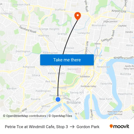 Petrie Tce at Windmill Cafe, Stop 3 to Gordon Park map