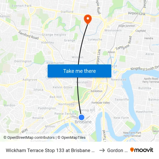 Wickham Terrace Stop 133 at Brisbane Private Hospital to Gordon Park map
