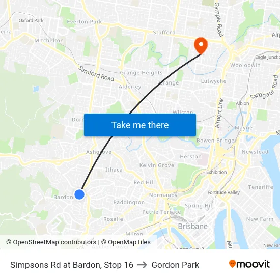 Simpsons Rd at Bardon, Stop 16 to Gordon Park map