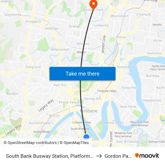 South Bank Busway Station, Platform 4 to Gordon Park map