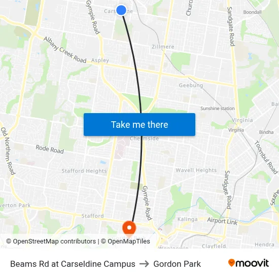 Beams Rd at Carseldine Campus to Gordon Park map