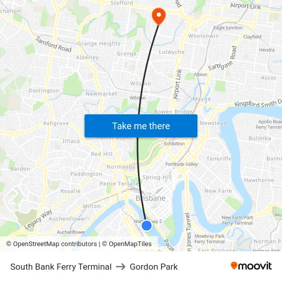 South Bank Ferry Terminal to Gordon Park map