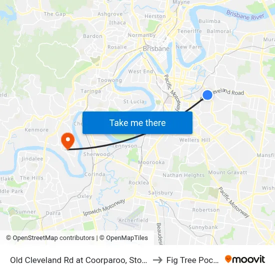 Old Cleveland Rd at Coorparoo, Stop 23 to Fig Tree Pocket map