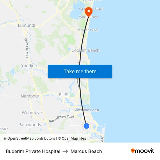 Buderim Private Hospital to Marcus Beach map
