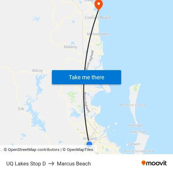 UQ Lakes Stop D to Marcus Beach map