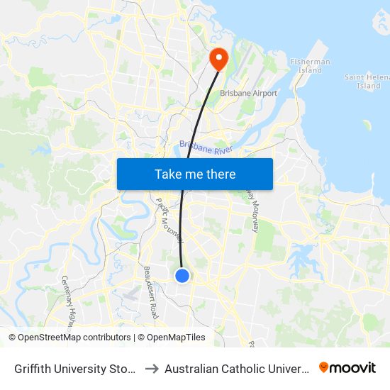 Griffith University Stop A to Australian Catholic University map