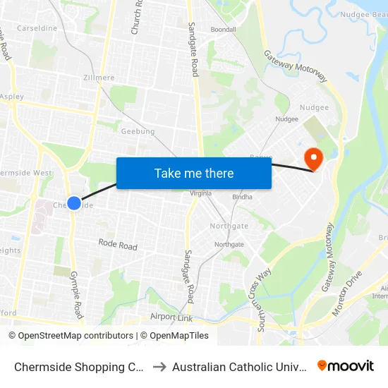 Chermside Shopping Centre to Australian Catholic University map