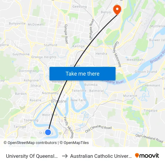 University Of Queensland to Australian Catholic University map