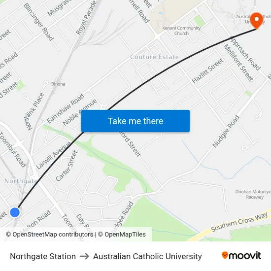 Northgate Station to Australian Catholic University map