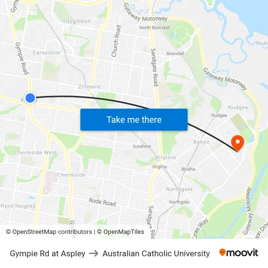 Gympie Rd at Aspley to Australian Catholic University map