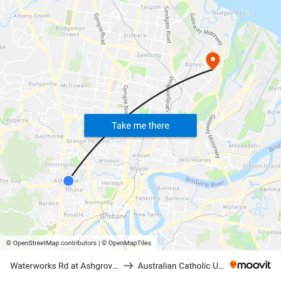 Waterworks Rd at Ashgrove, Stop 17 to Australian Catholic University map