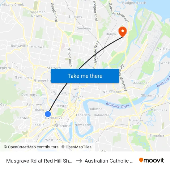 Musgrave Rd at Red Hill Shops, Stop 8 to Australian Catholic University map
