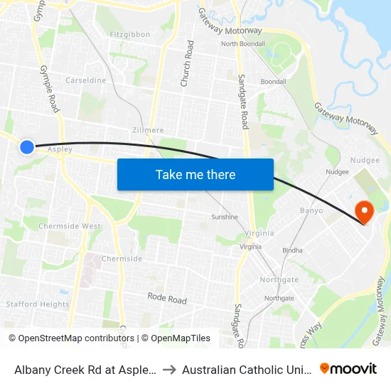 Albany Creek Rd at Aspley Bowl to Australian Catholic University map
