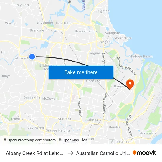 Albany Creek Rd at Leitchs Road to Australian Catholic University map