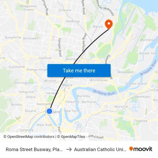 Roma Street Busway, Platform 2 to Australian Catholic University map