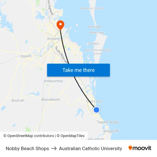 Nobby Beach Shops to Australian Catholic University map