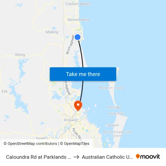 Caloundra Rd at Parklands Boulevard to Australian Catholic University map