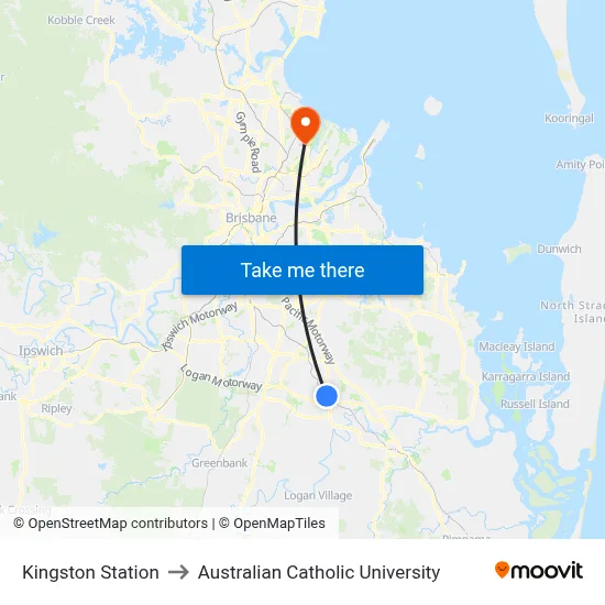 Kingston Station to Australian Catholic University map