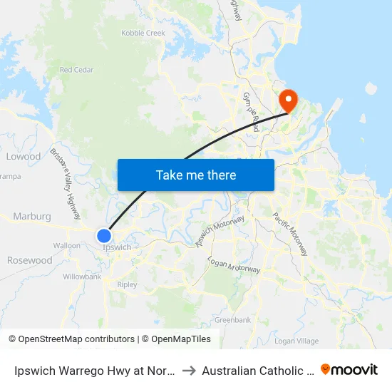 Ipswich Warrego Hwy at North High Street to Australian Catholic University map