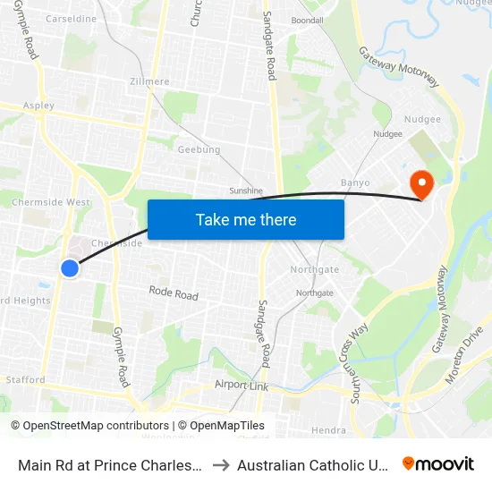 Main Rd at Prince Charles Hospital to Australian Catholic University map