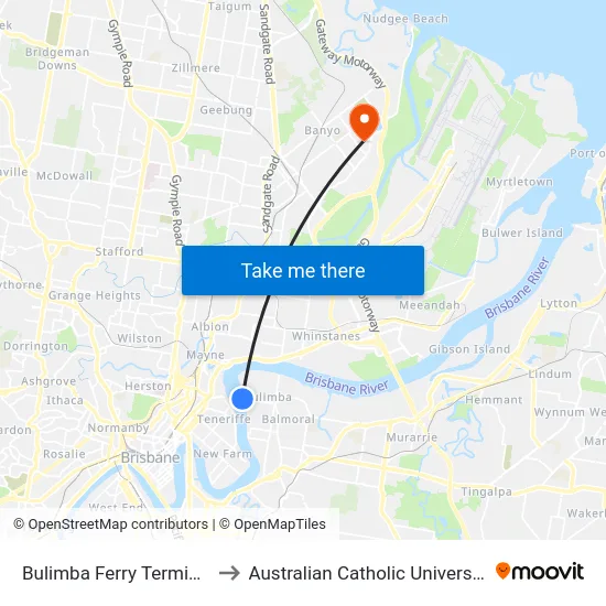 Bulimba Ferry Terminal to Australian Catholic University map