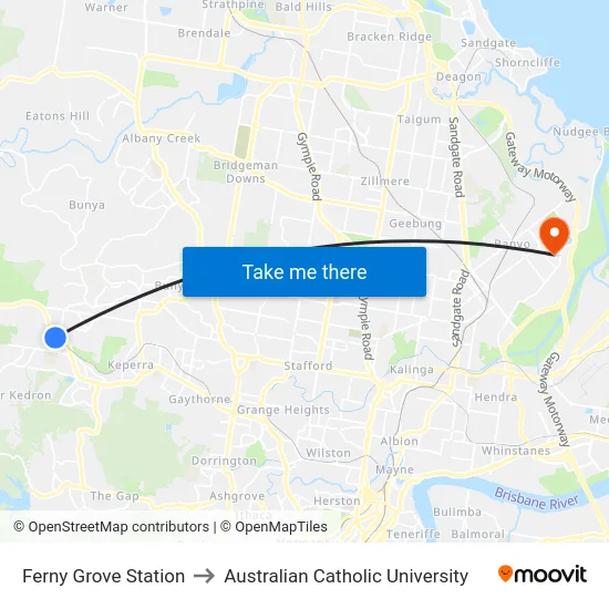 Ferny Grove Station to Australian Catholic University map