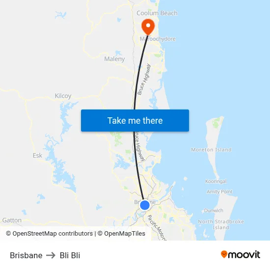 Brisbane to Bli Bli map