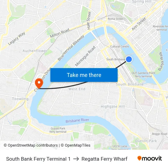 South Bank 1 to Regatta Ferry Wharf map