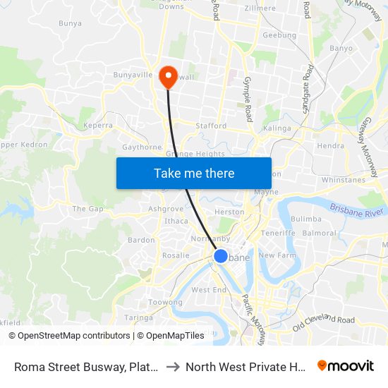 Roma Street Busway, Platform 1 to North West Private Hospital map