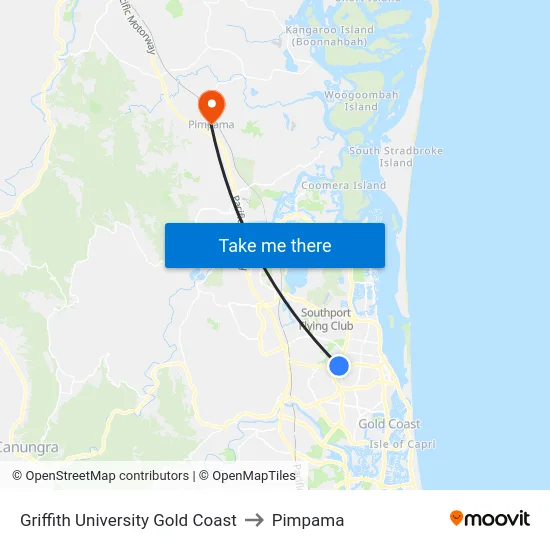 Griffith University Gold Coast to Pimpama map