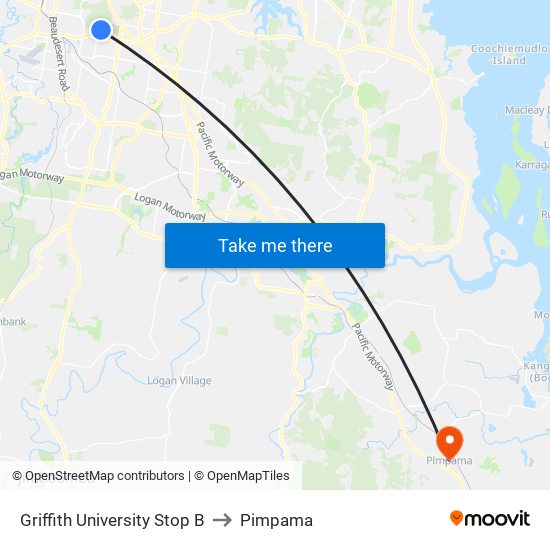 Griffith University Stop B to Pimpama map