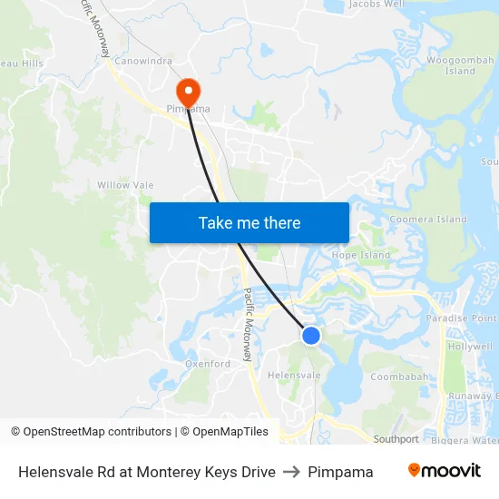 Helensvale Rd at Monterey Keys Drive to Pimpama map