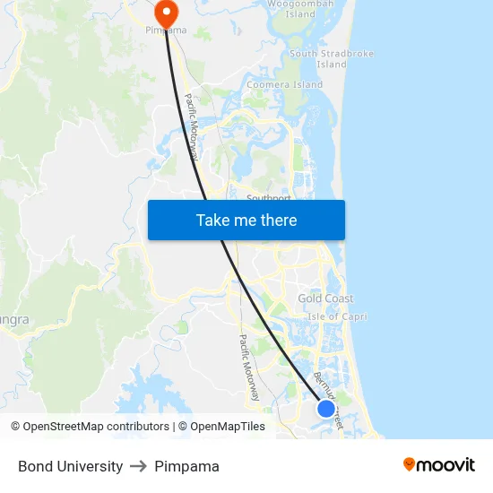 Bond University to Pimpama map