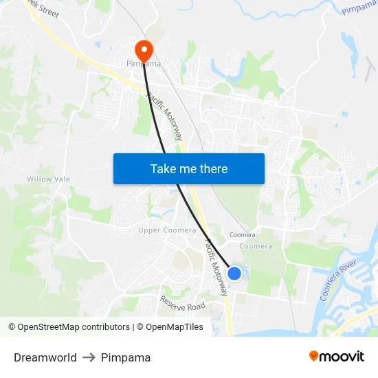 Dreamworld to Pimpama map