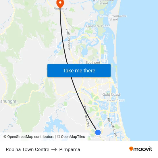 Robina Town Centre to Pimpama map