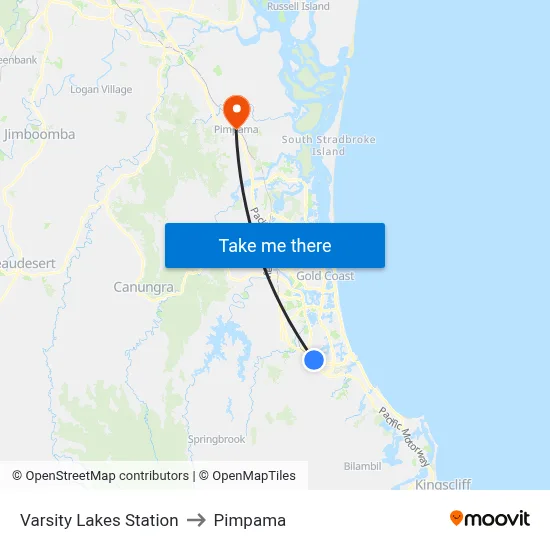Varsity Lakes Station to Pimpama map