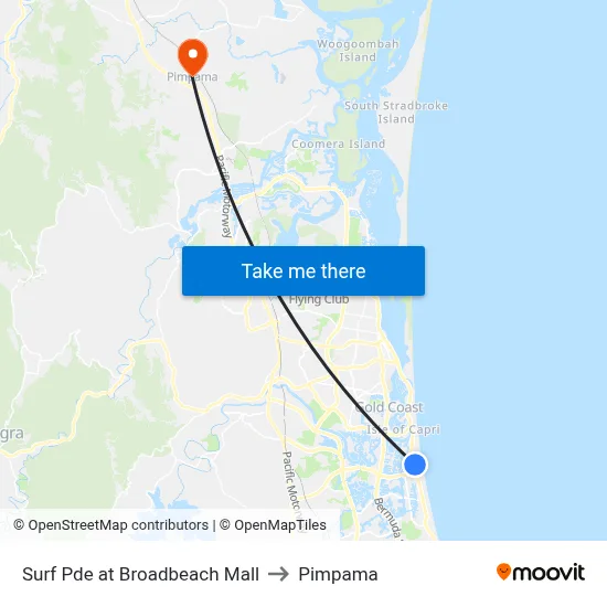 Surf Pde at Broadbeach Mall to Pimpama map