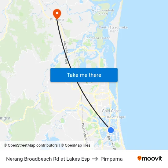 Nerang Broadbeach Rd at Lakes Esp to Pimpama map