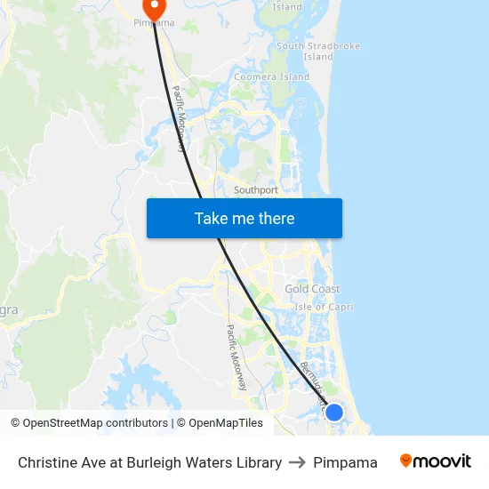 Christine Ave at Burleigh Waters Library to Pimpama map