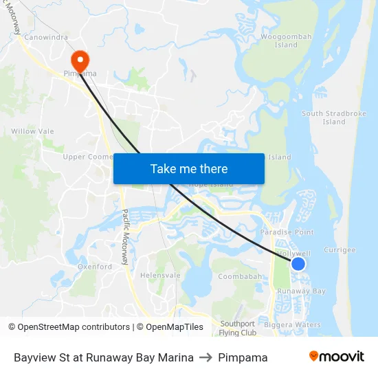 Bayview St at Runaway Bay Marina to Pimpama map