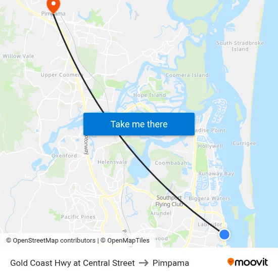 Gold Coast Hwy at Central Street to Pimpama map