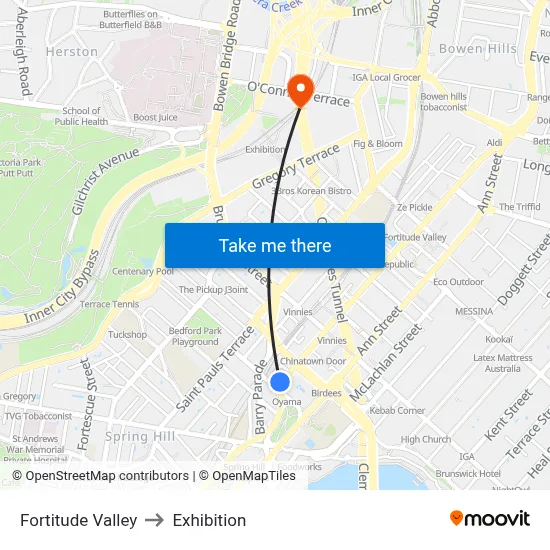 Fortitude Valley to Exhibition map