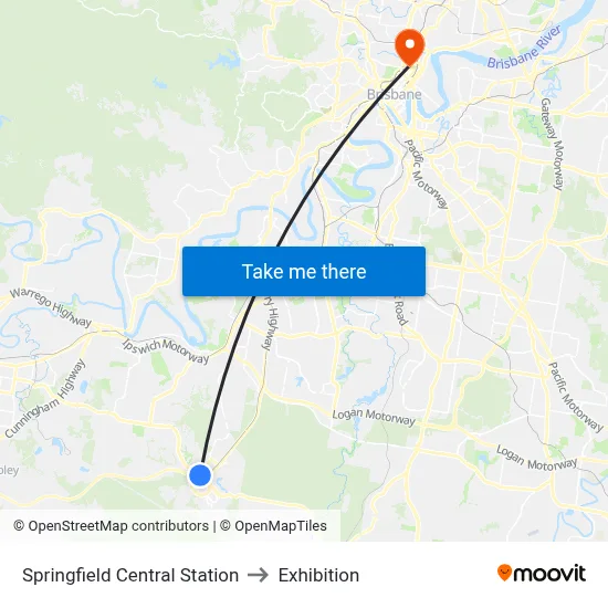 Springfield Central Station to Exhibition map