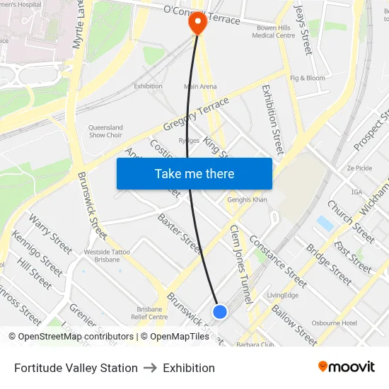 Fortitude Valley Station to Exhibition map